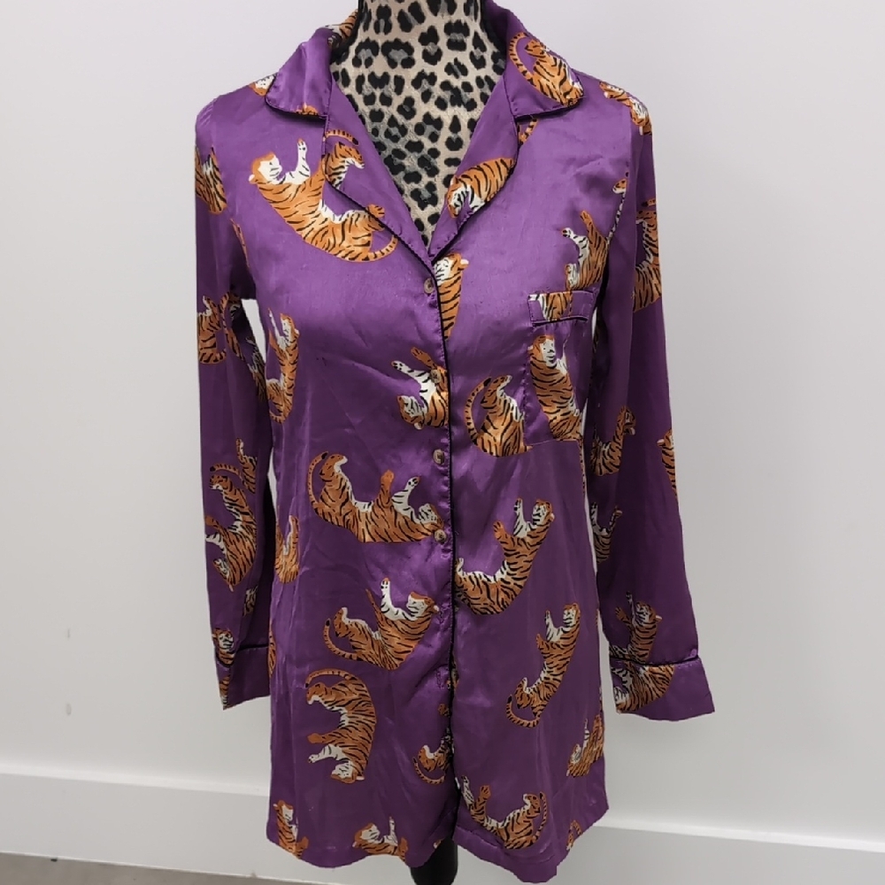 Purple Tiger Print Button-Up Pajamas
